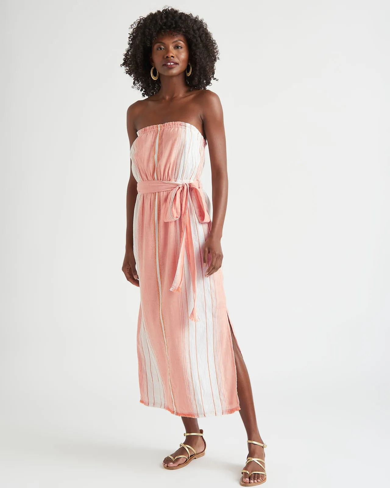 Striped Leslie Dress Side Pleats V Neckline