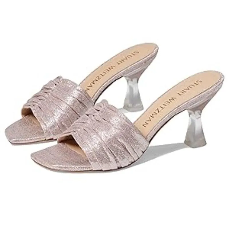 Stuart Weitzman Ruche 75 Slide Sandal Womens 9 Poudre Leather Spool Heels FZP292 (Poudre,9) Casual Style Open Back Heeled Sandals