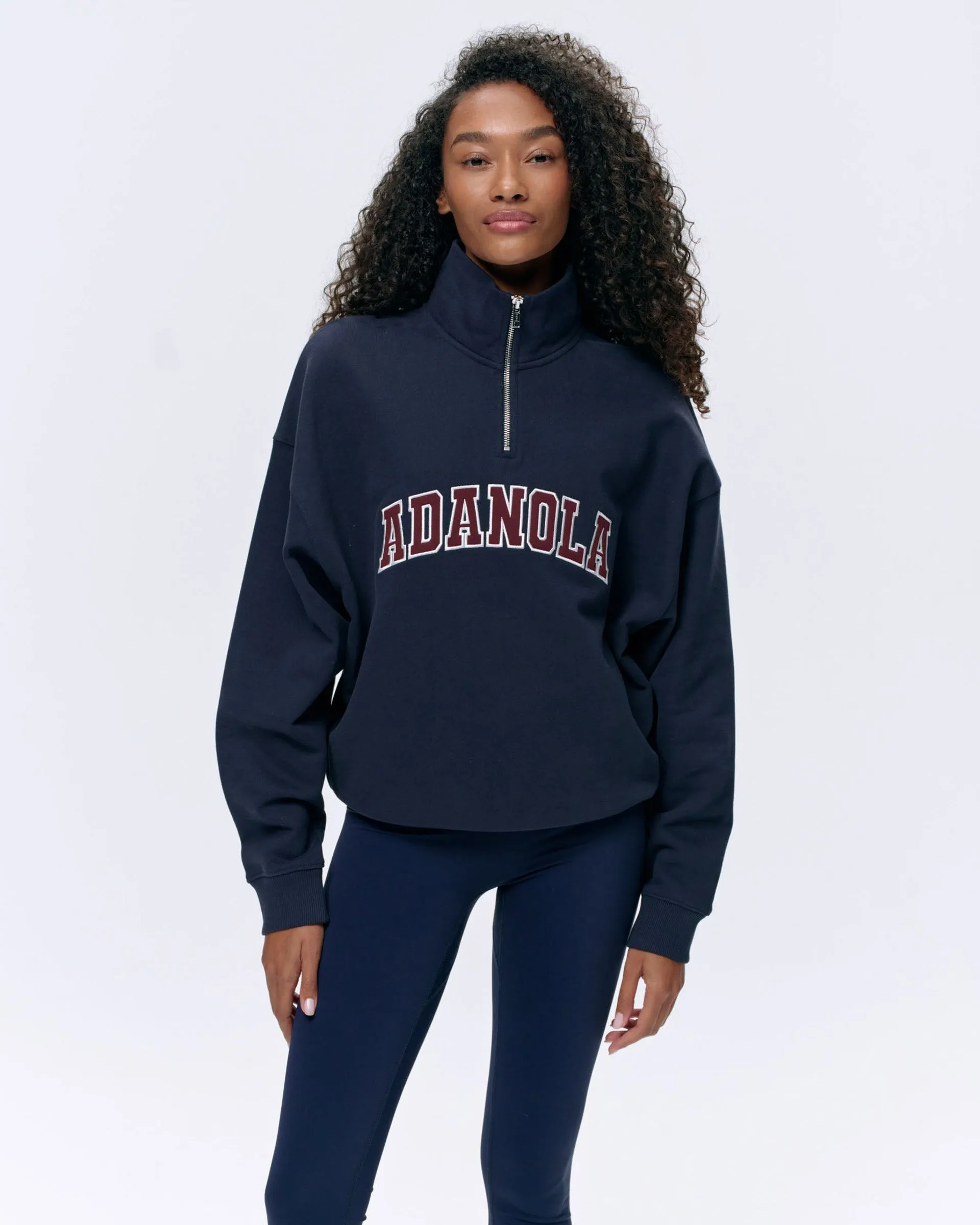 product fuzzy coziness label accents Varsity Relaxed Funnel Neck Zip Sweatshirt - Navy Blue/Burgundy