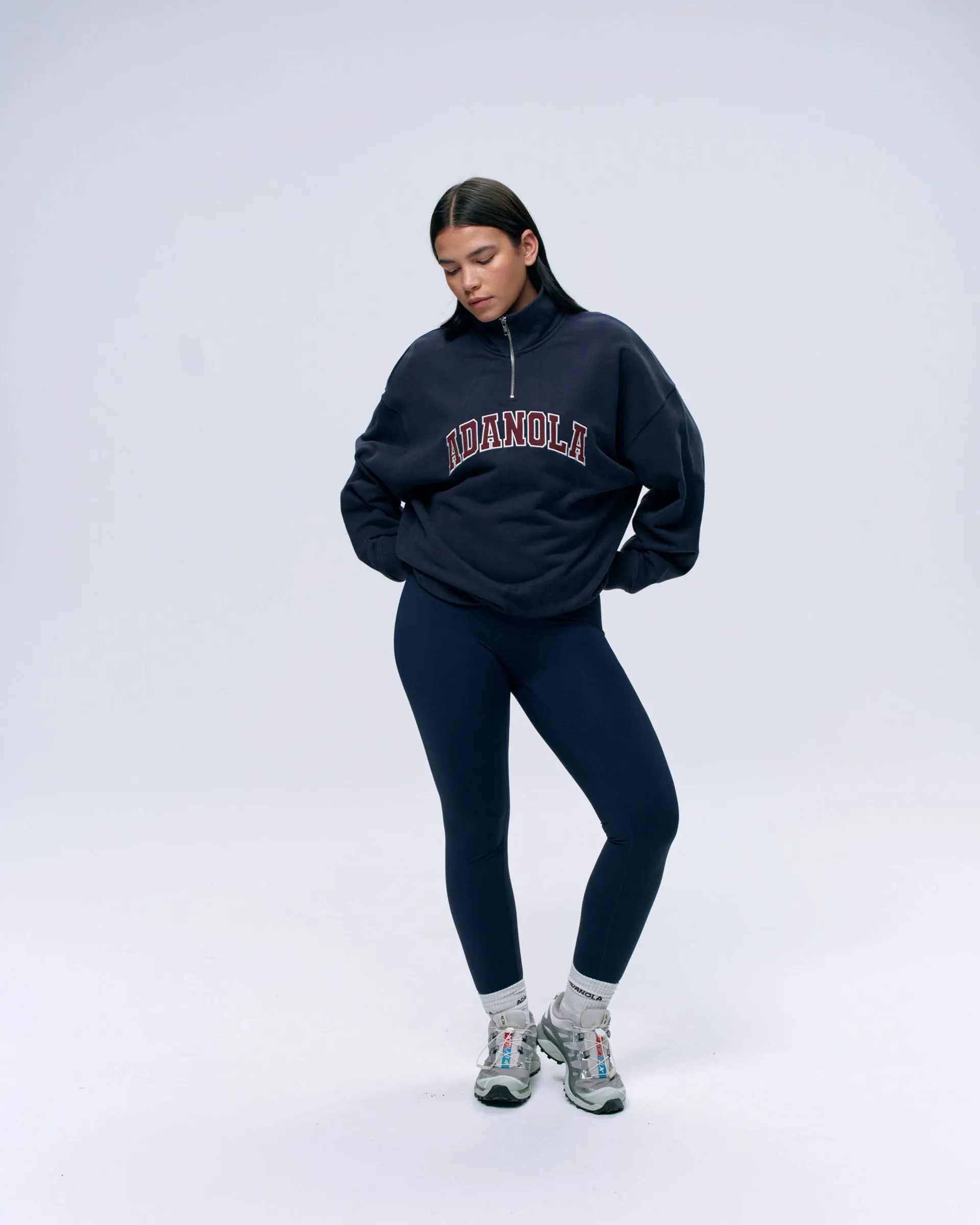 Fresh Bold Cozy Wear Varsity Relaxed Funnel Neck Zip Sweatshirt - Navy Blue/Burgundy