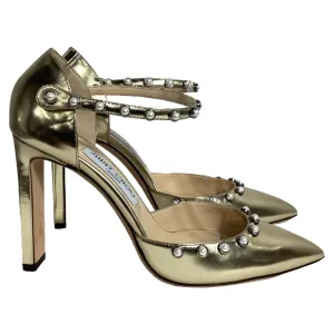 Happy Mood Bold Wedding Heels Jimmy Choo Leema Faux Pearl Accents D'Orsay Pumps in Gold Leather