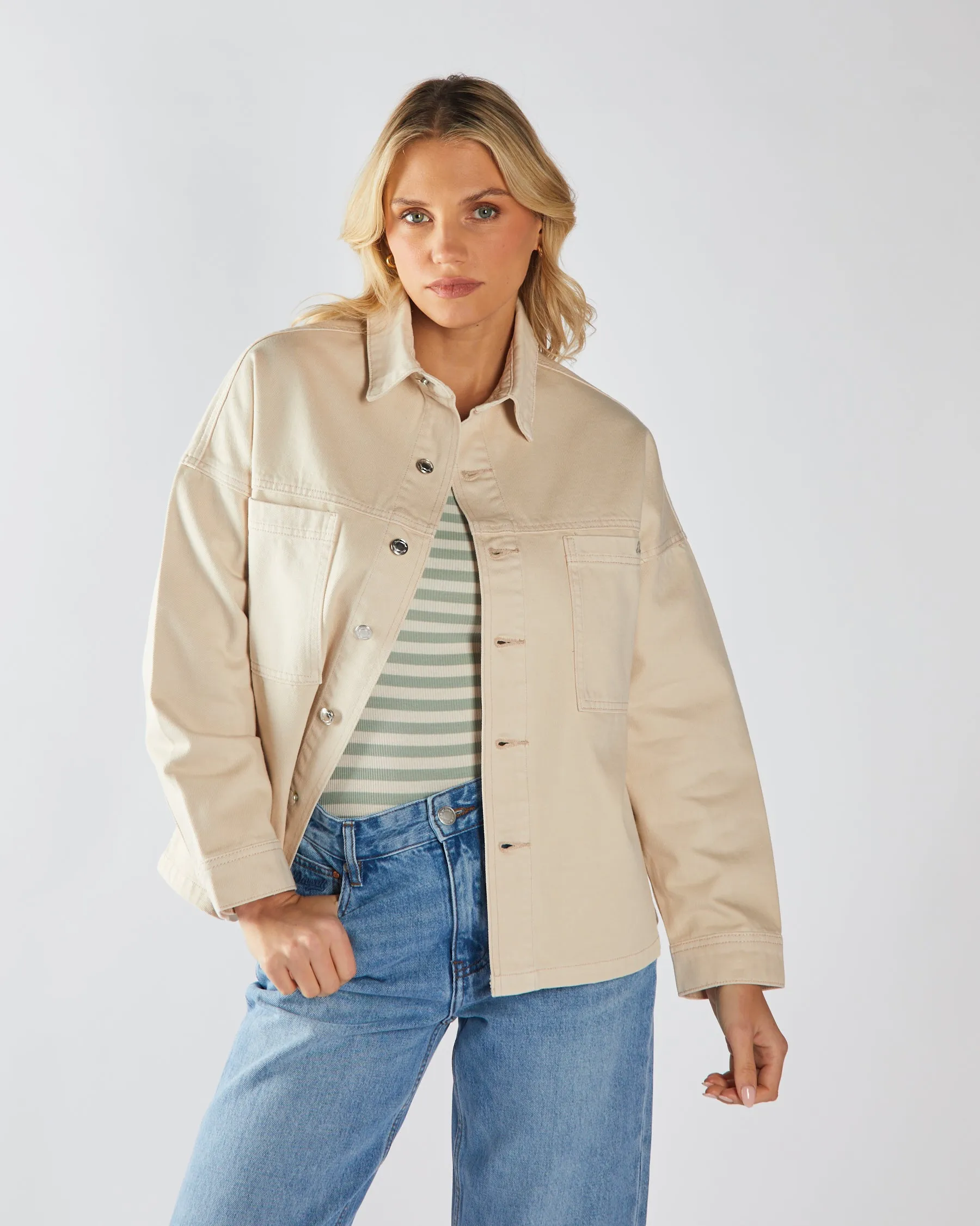 HiddenZipperClosure Effortless Design Fabrienne Denim Shirt Stone White