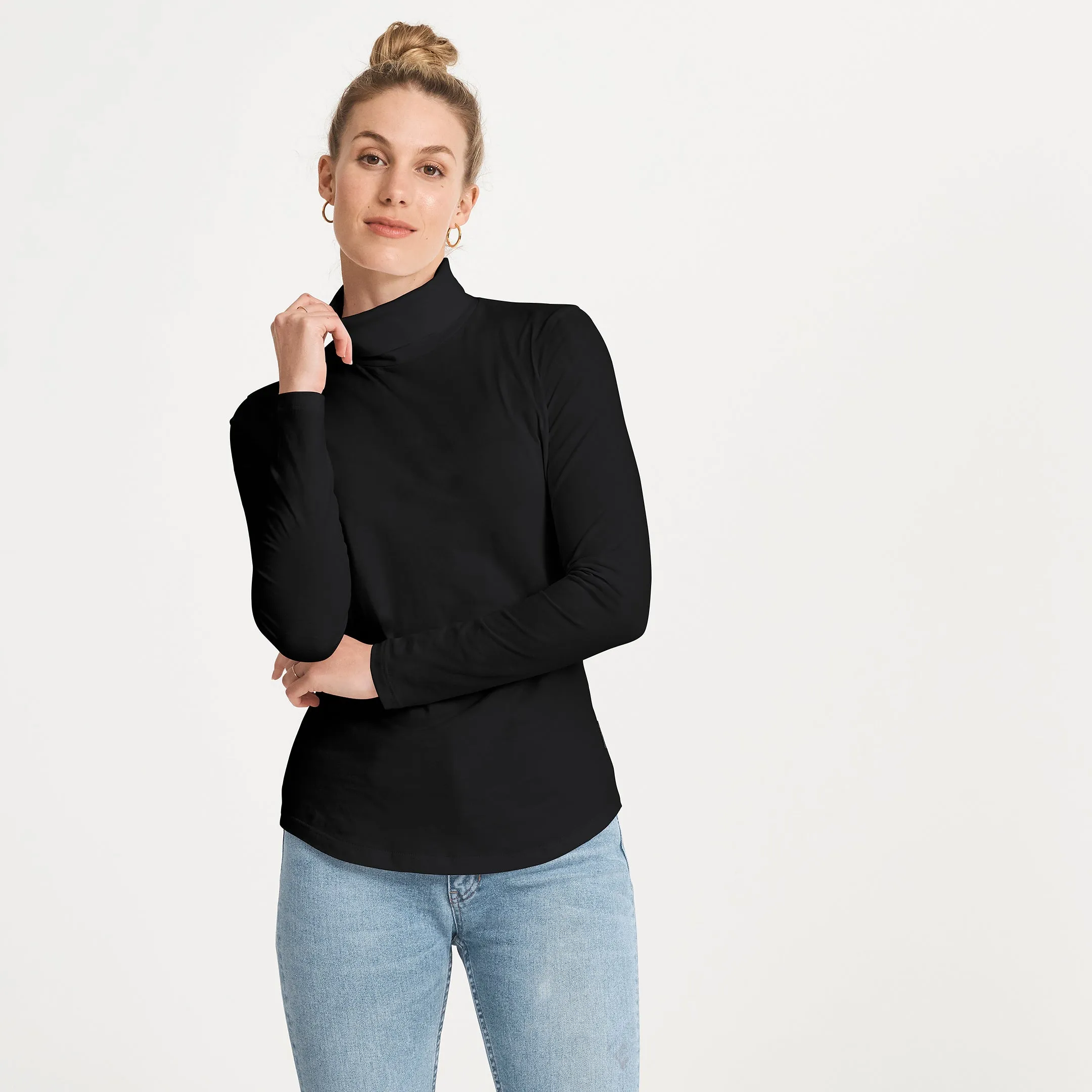 Cotton LS Turtleneck Tee Layered Hem Detail