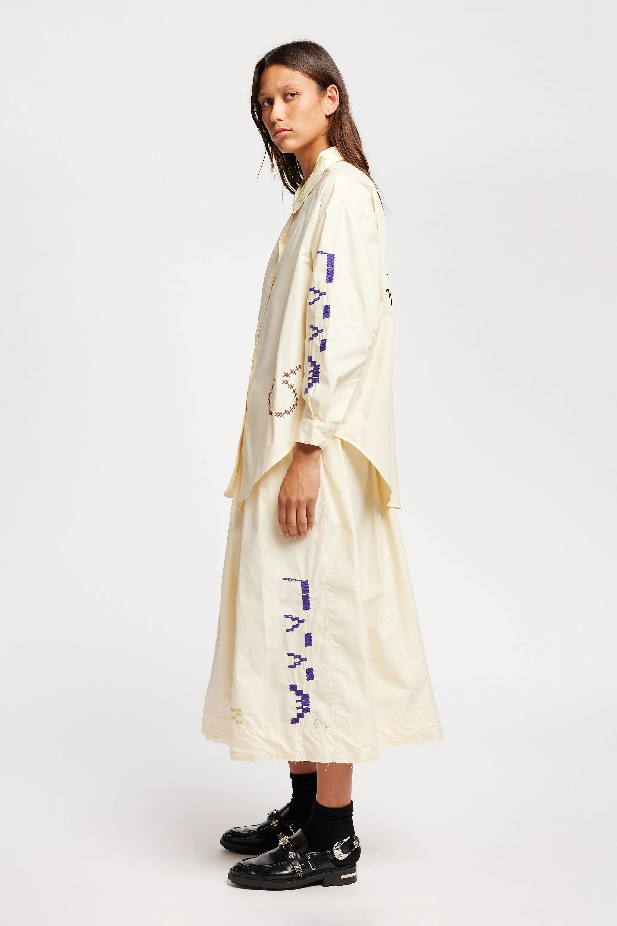 Fresh Style Flexible Waistband Universe Embroidered Skirt Ecru