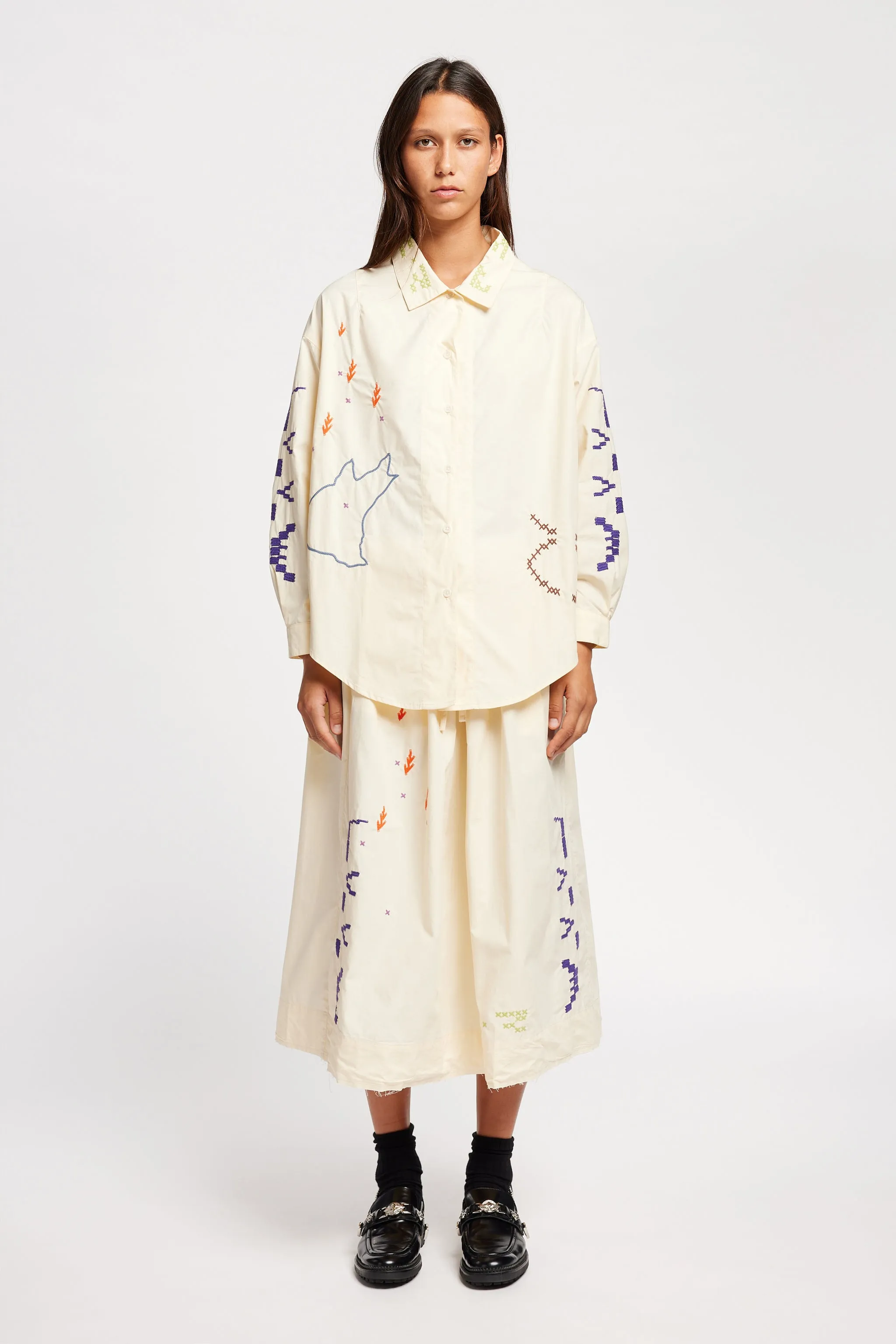 Linen blend Universe Embroidered Skirt Ecru