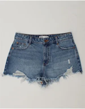 ZARA Womens Denim Distressed Hot Pants EU 38 Small W30 Blue Cotton Stretch Material Relaxed Comfort