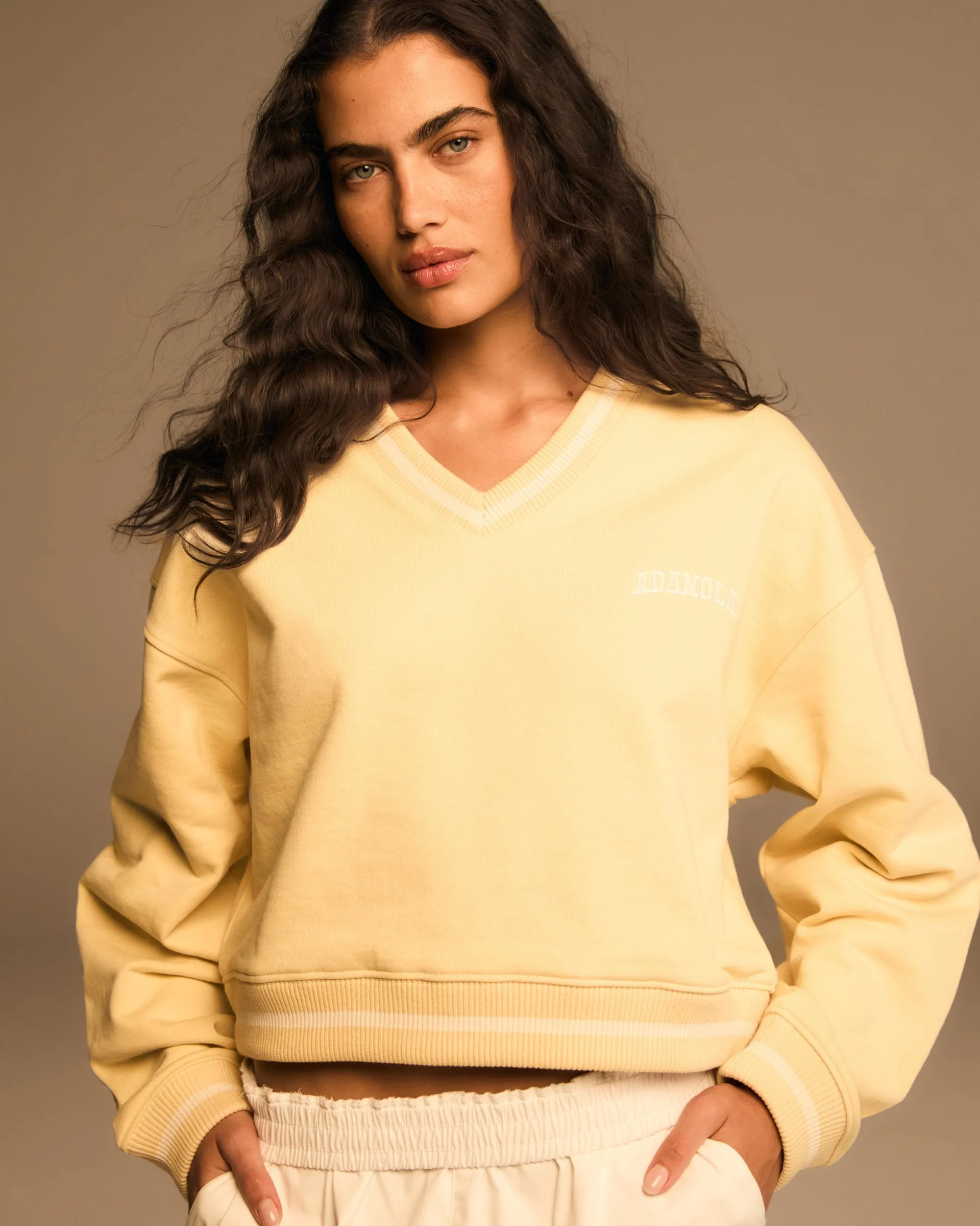 casual top Core Sporty V Neck Contrast Sweatshirt - Butter Yellow/Marshmallow White