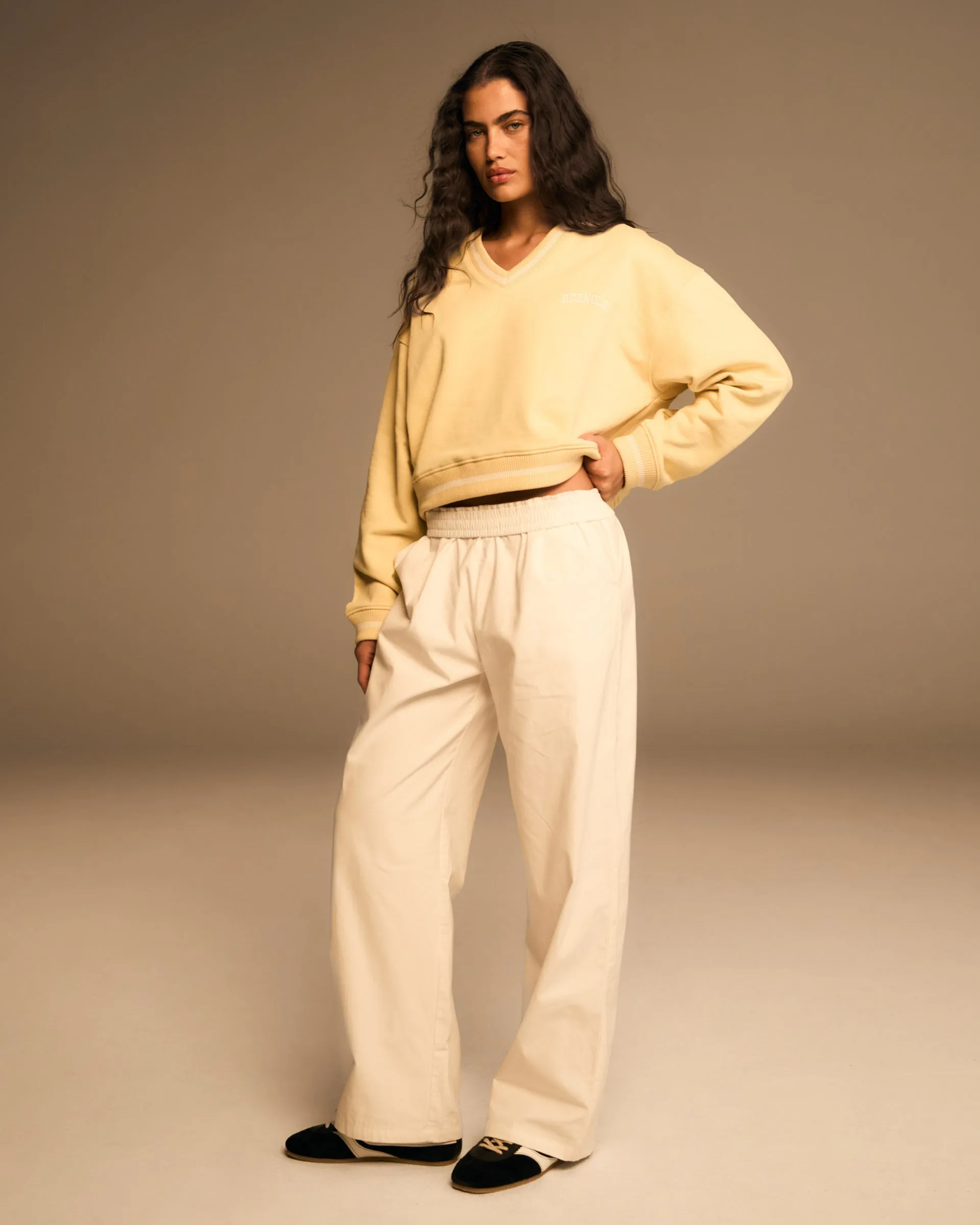 V Neck Contrast Sweatshirt - Butter Yellow/Marshmallow White Business casual
