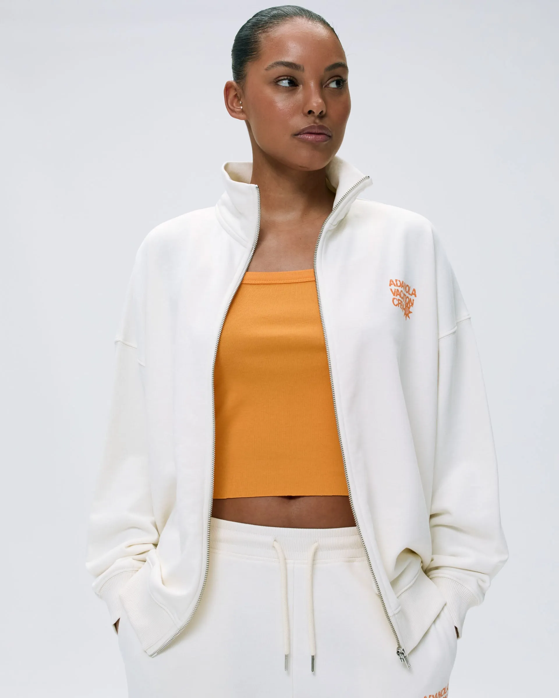 Vacation Full Zip Funnel Sweatshirt - Marshmallow White/Mango Orange Active Comfort Chill Wear