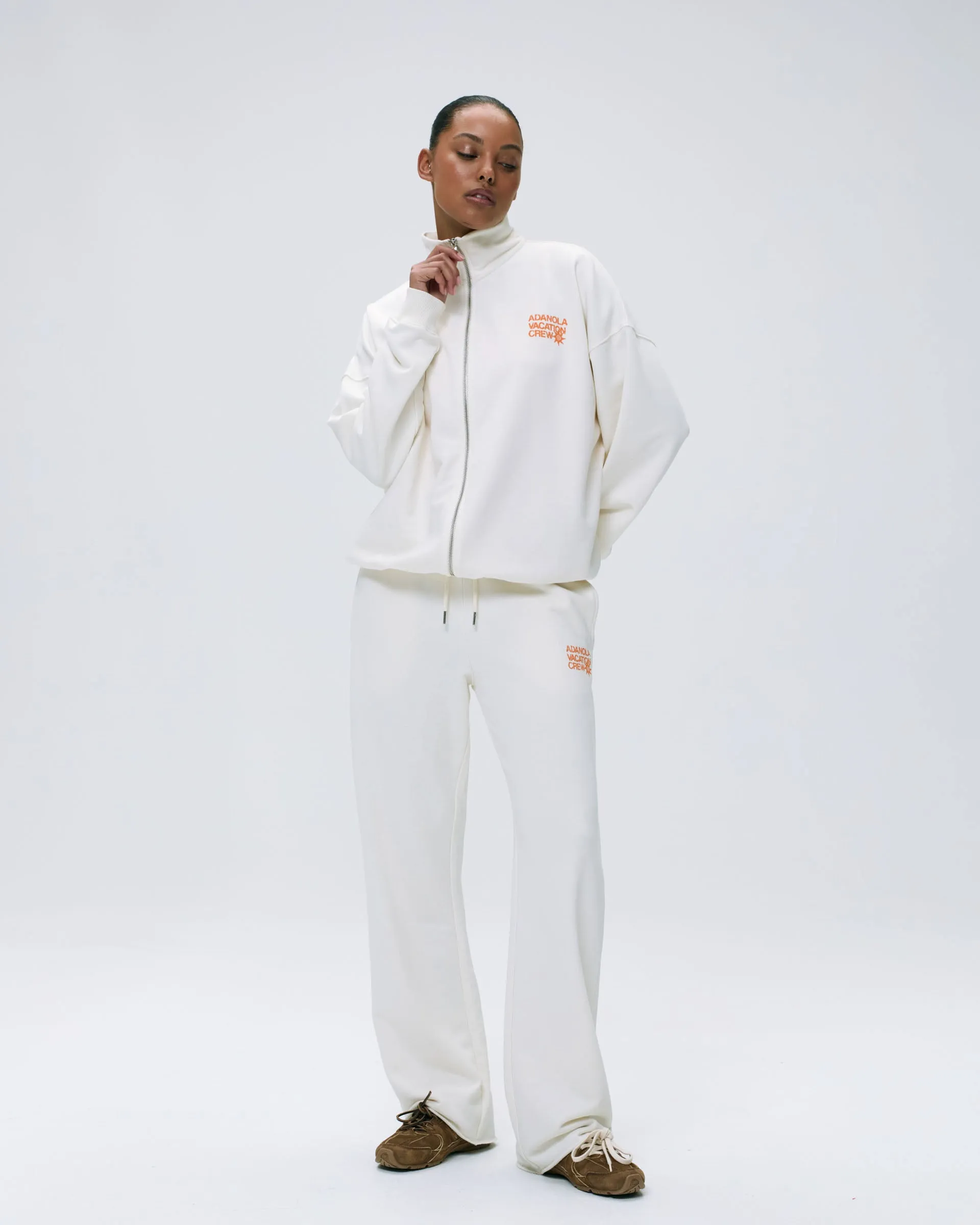 design trend Cozy Layer Vacation Full Zip Funnel Sweatshirt - Marshmallow White/Mango Orange