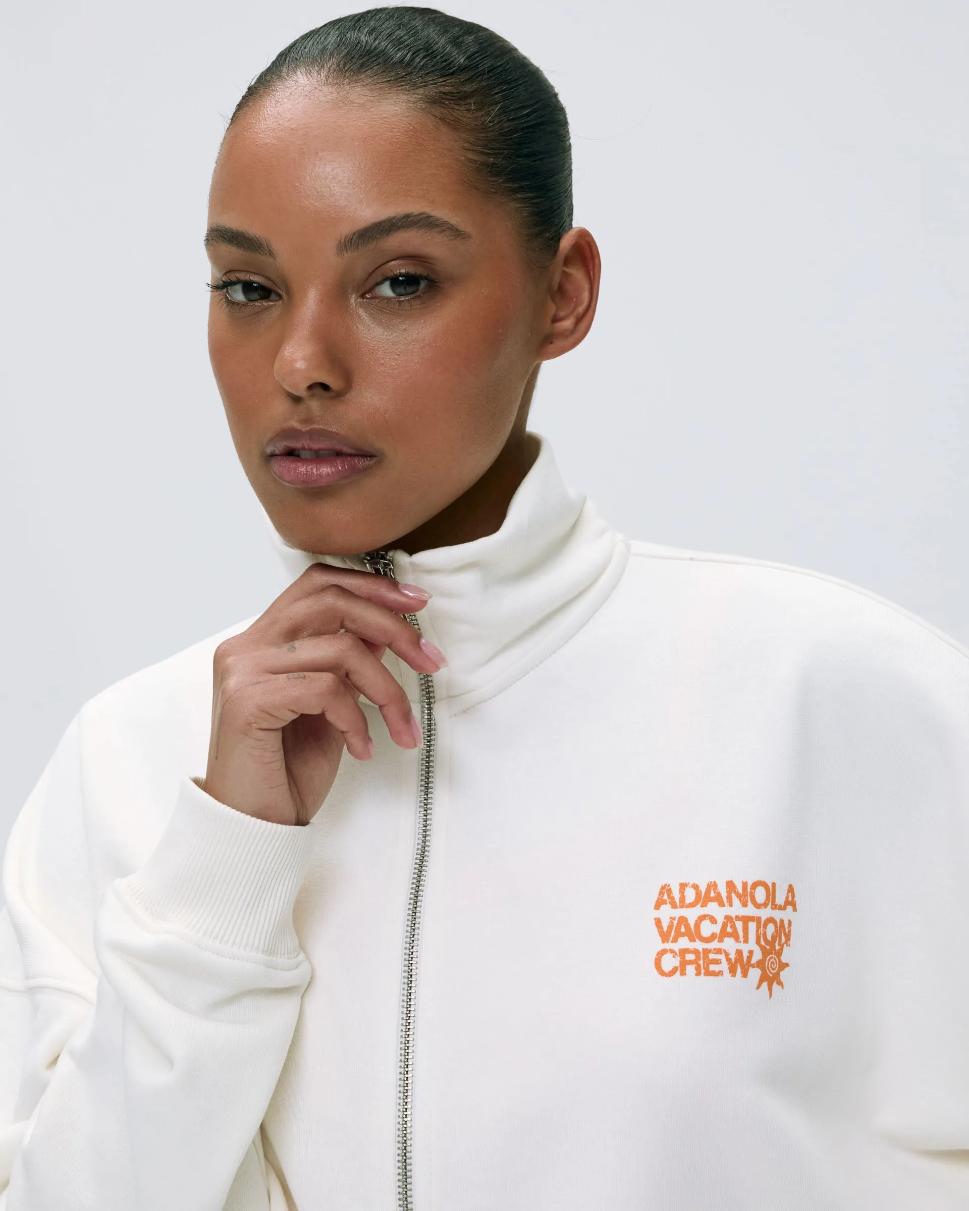 Stylish Look Vacation Full Zip Funnel Sweatshirt - Marshmallow White/Mango Orange