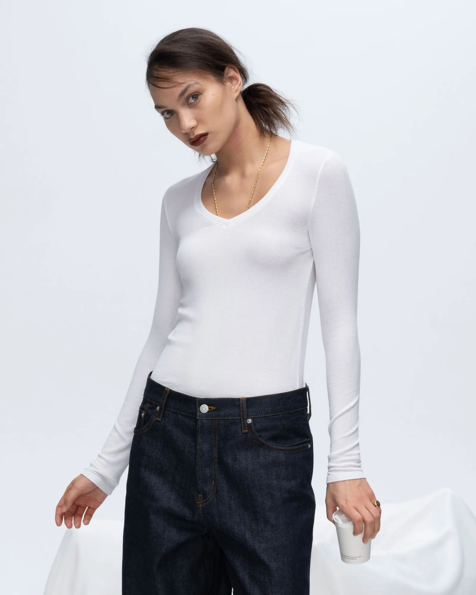 Urban Fit Comfy Comfort Modal Rib Long Sleeve V-Neck Tee - White