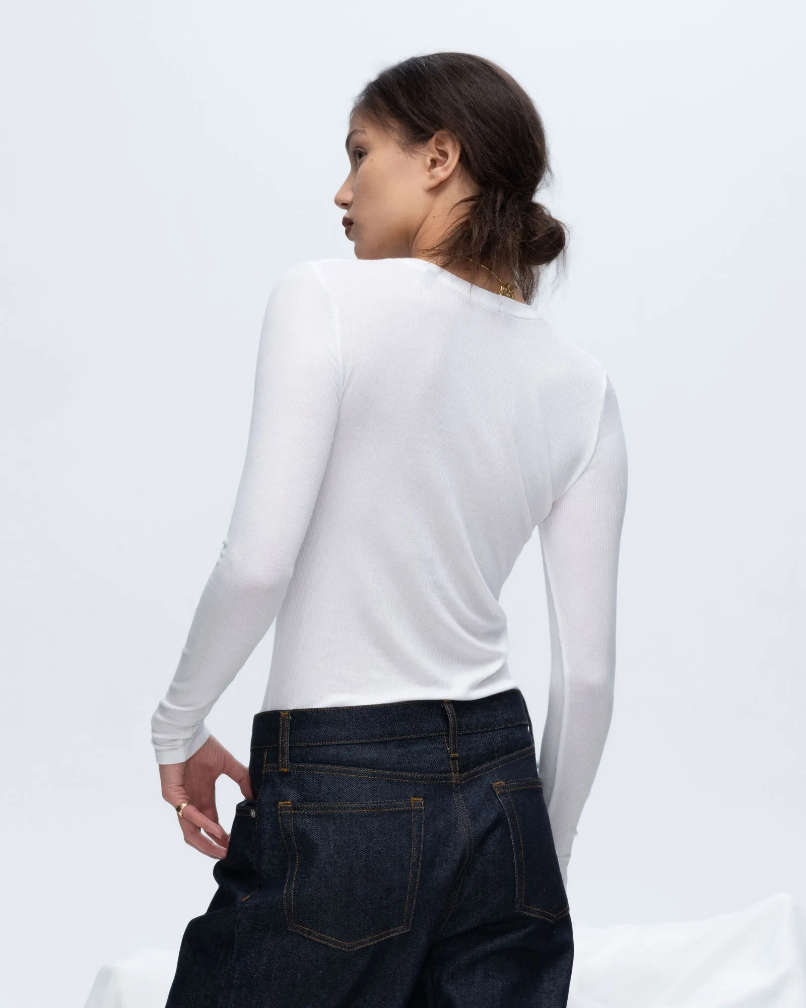 Modal Rib Long Sleeve V-Neck Tee - White polo neck