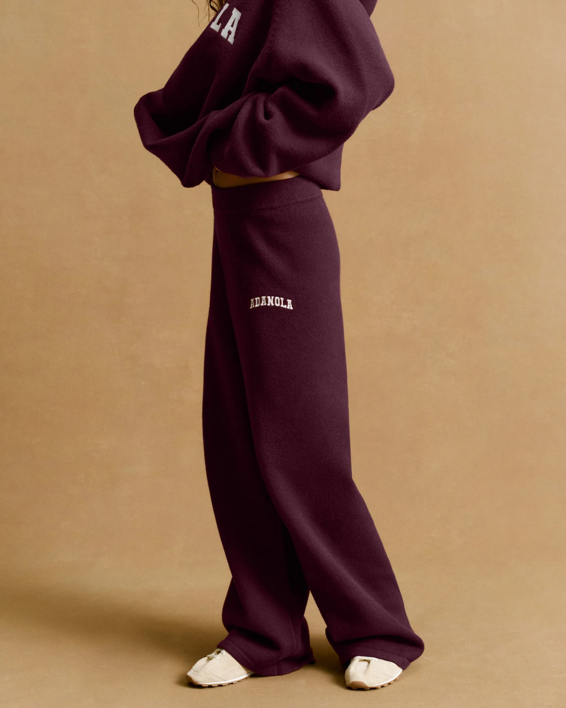 No Ride Up Design Varsity Knit Straight Leg Sweatpants - Dark Cherry/Marshmallow White