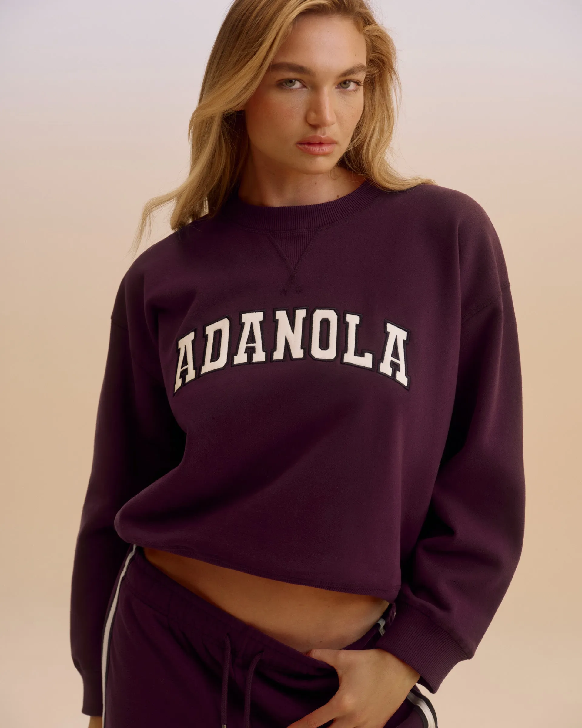 belt accents Weekend Comfort Varsity Loose Fit Sweatshirt - Dark Cherry/Marshmallow White