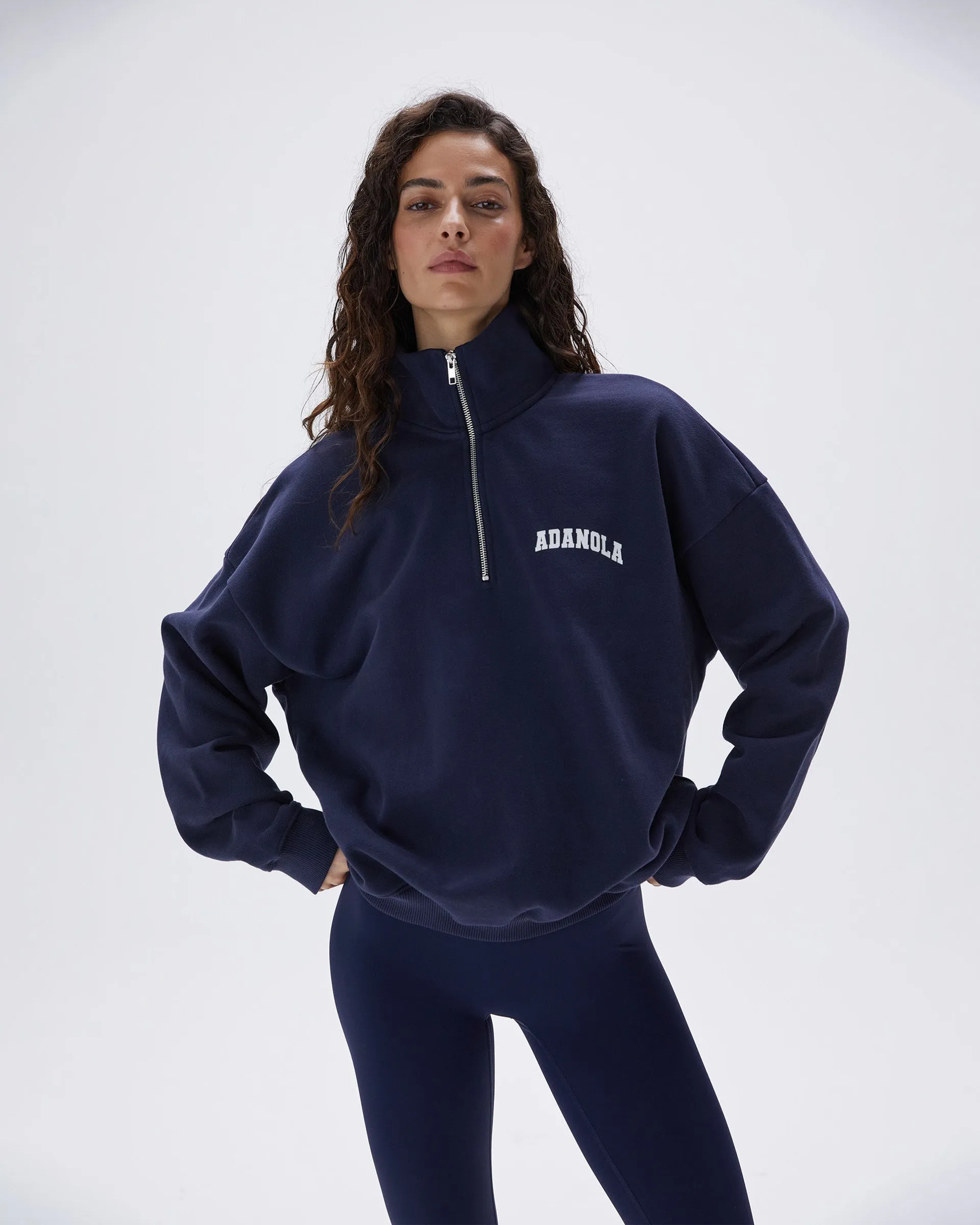 product party readiness Varsity Oversized Funnel Neck Zip Sweatshirt - Navy Blue