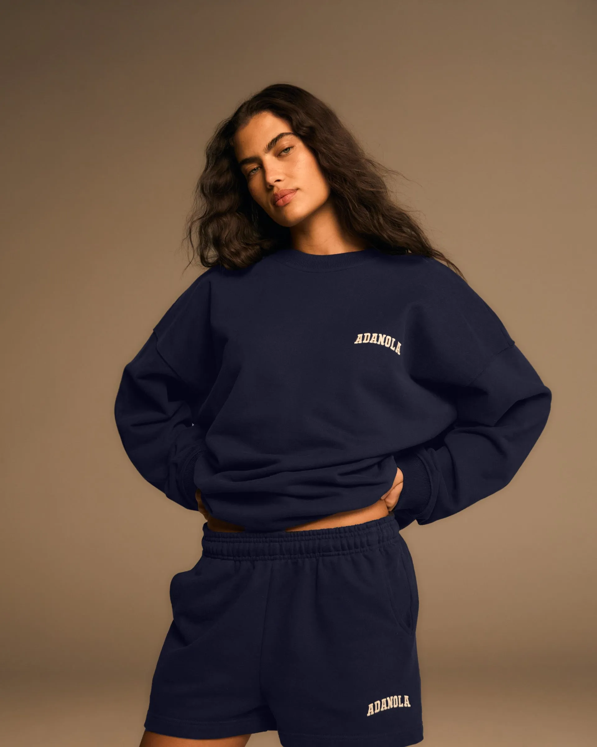 Fleece Lining embroidery accents Varsity Oversized Sweatshirt - Navy Blue/Marshmallow White