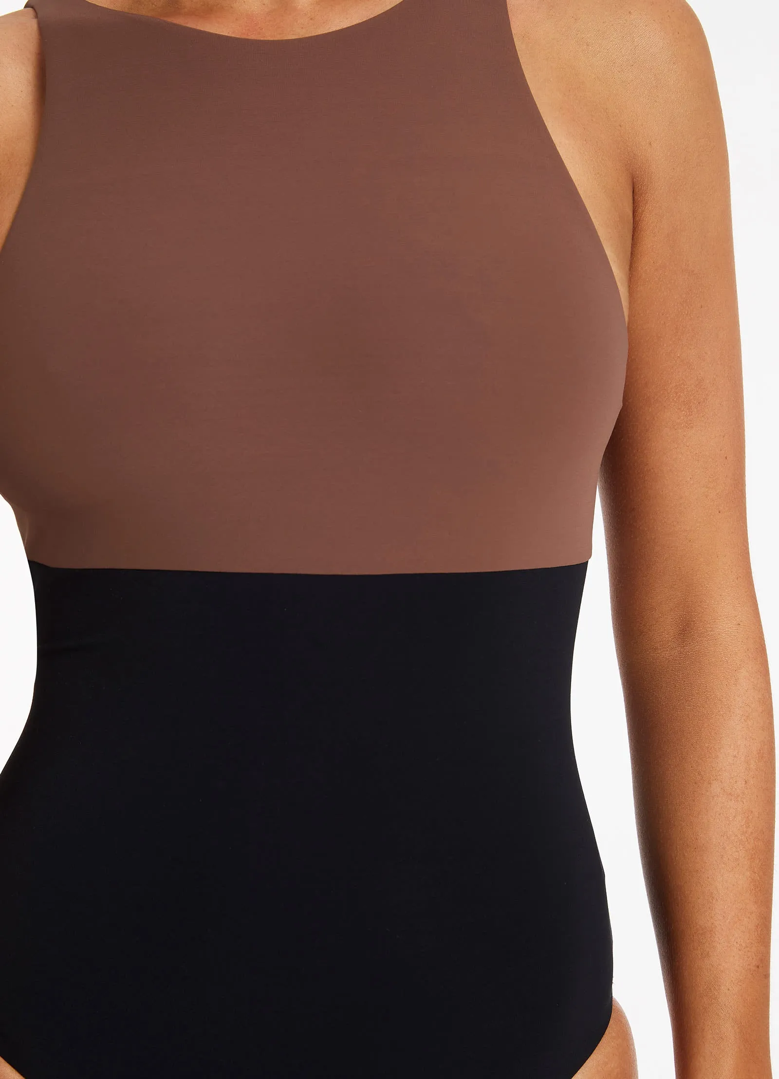 Versa High Neck One Piece - Latte Quick Release Fasteners