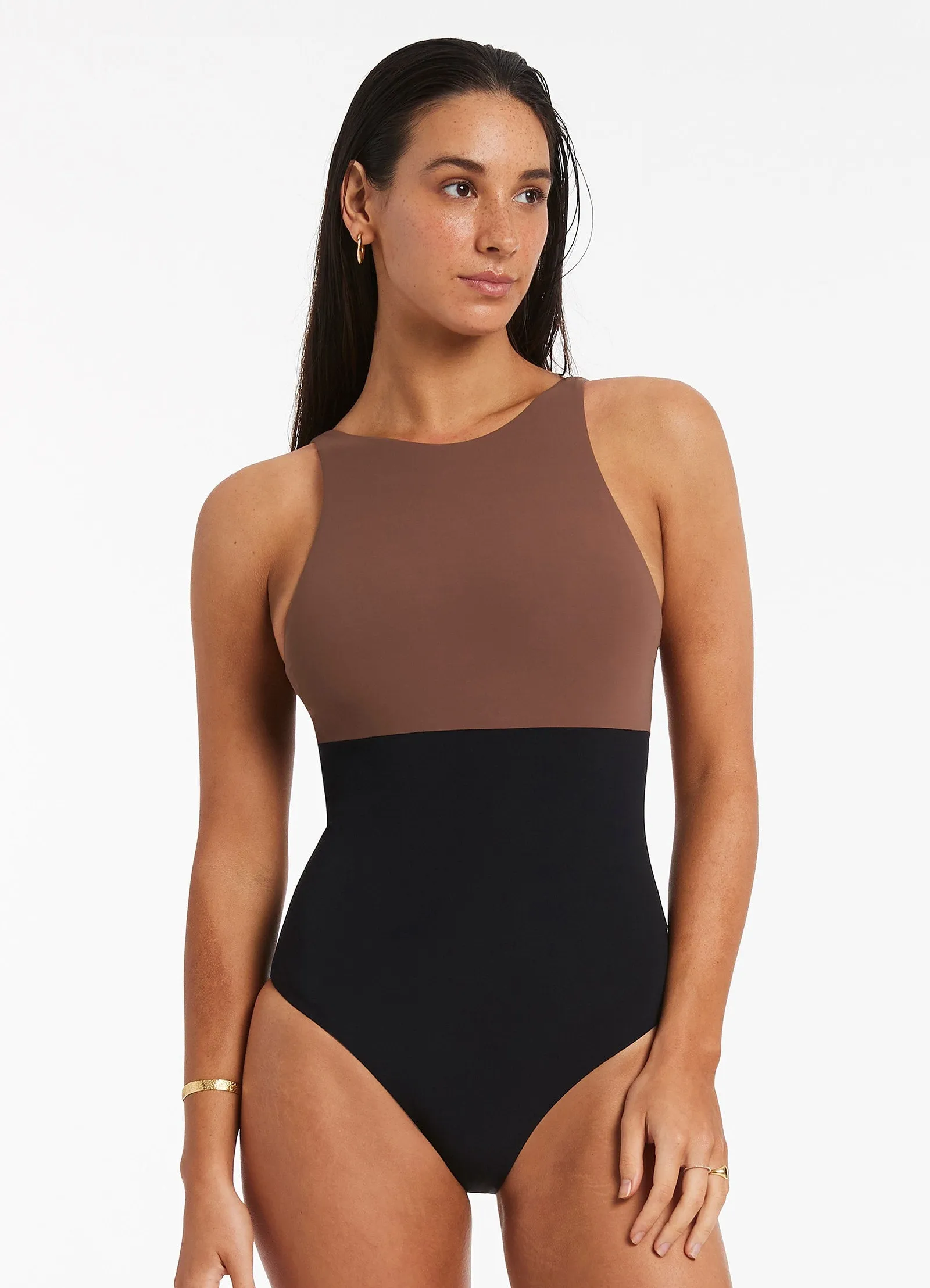 Waterfront Living Full Coverage Versa High Neck One Piece - Latte
