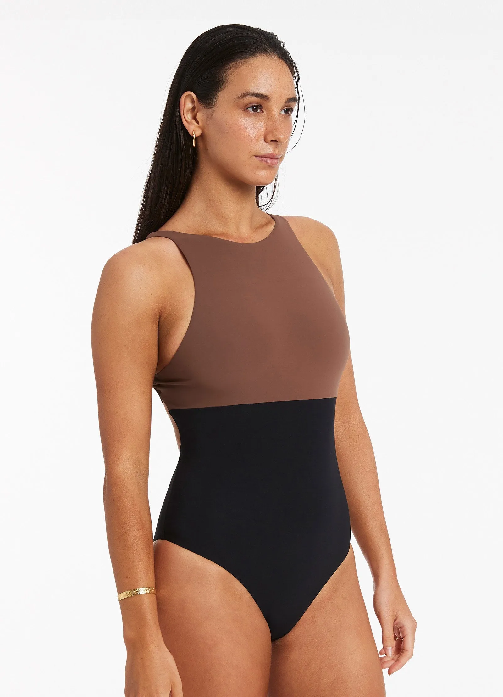 Versa High Neck One Piece - Latte Smoothing Panels