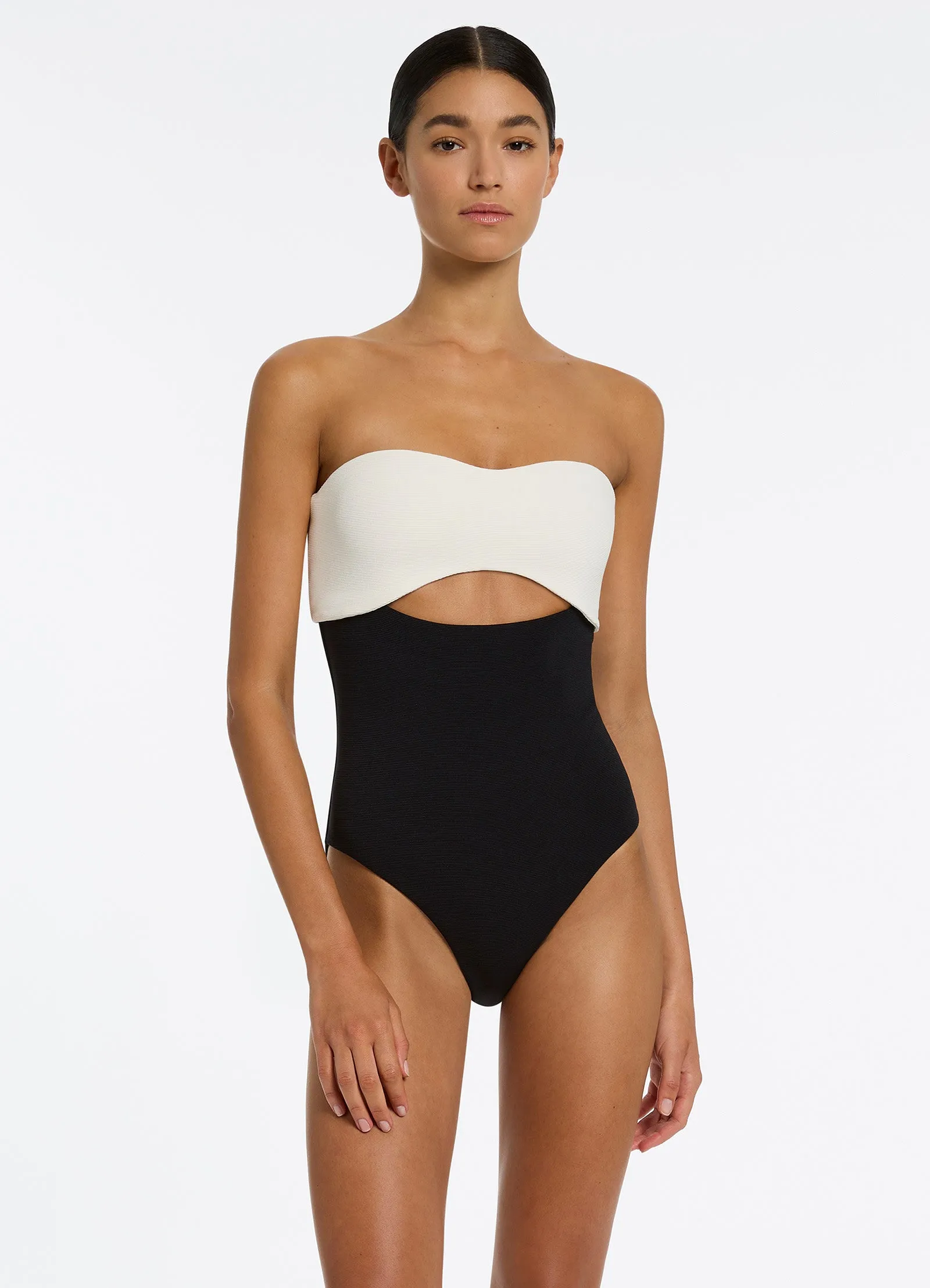 Mesh-Panels Coastal Adventure Versa Rib Cut Out Bandeau One Piece - Black/Cream