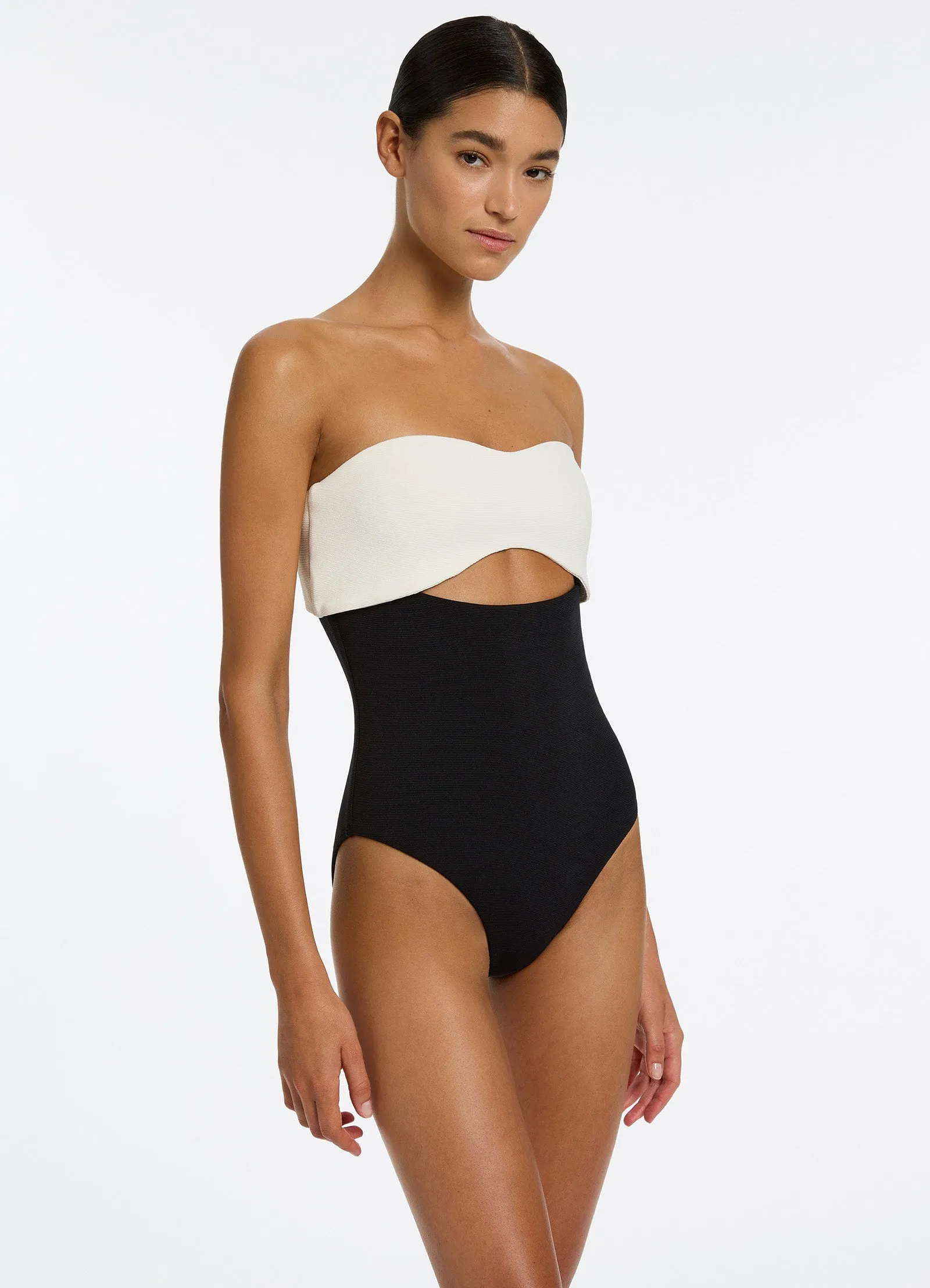 Versa Rib Cut Out Bandeau One Piece - Black/Cream Textured Grip Odor Resistant Textile