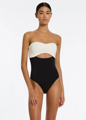 Mesh-Panels Coastal Adventure Versa Rib Cut Out Bandeau One Piece - Black/Cream