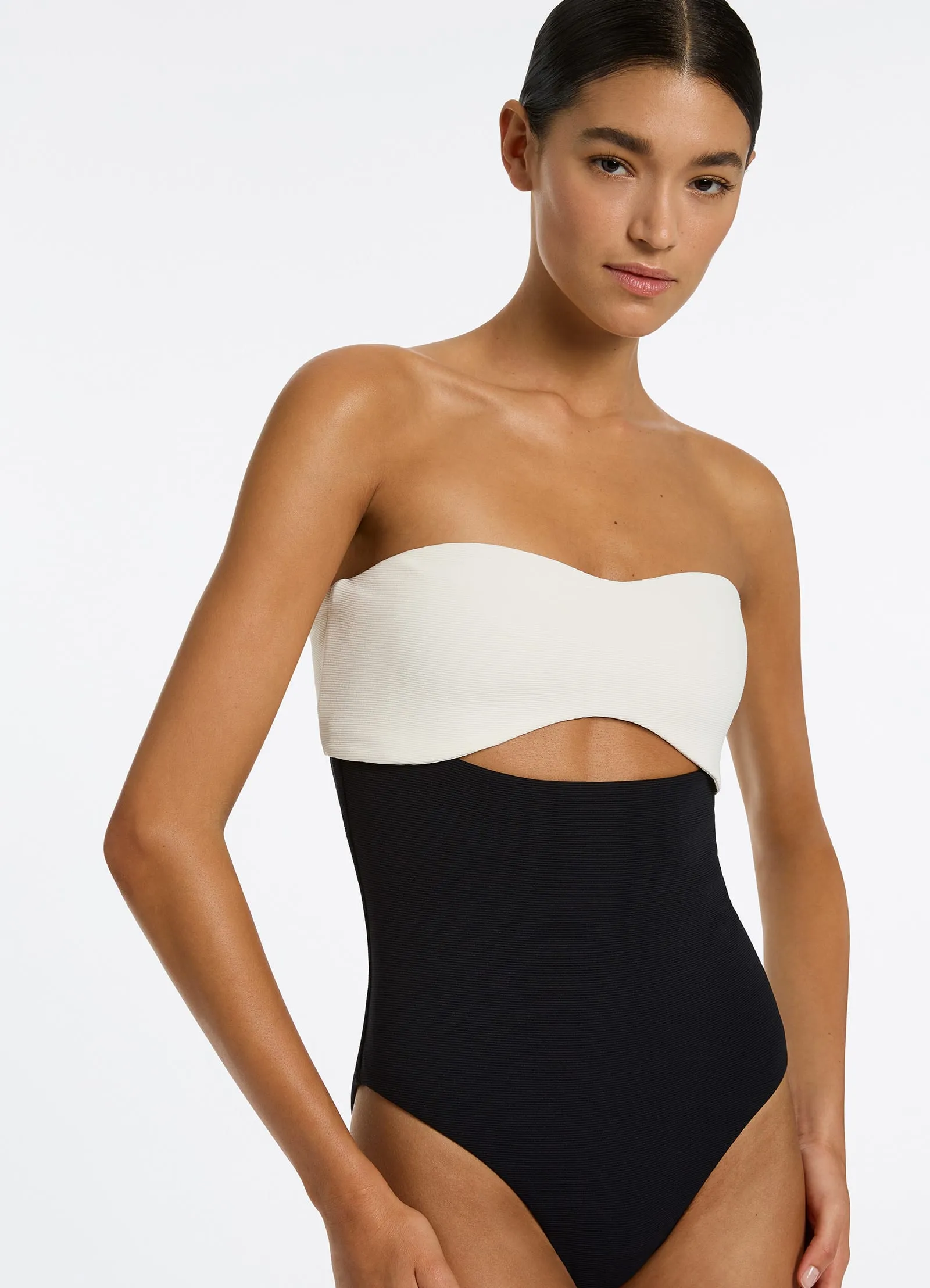 Versa Rib Cut Out Bandeau One Piece - Black/Cream Soft Touch Textile Roll Resistant Waistline