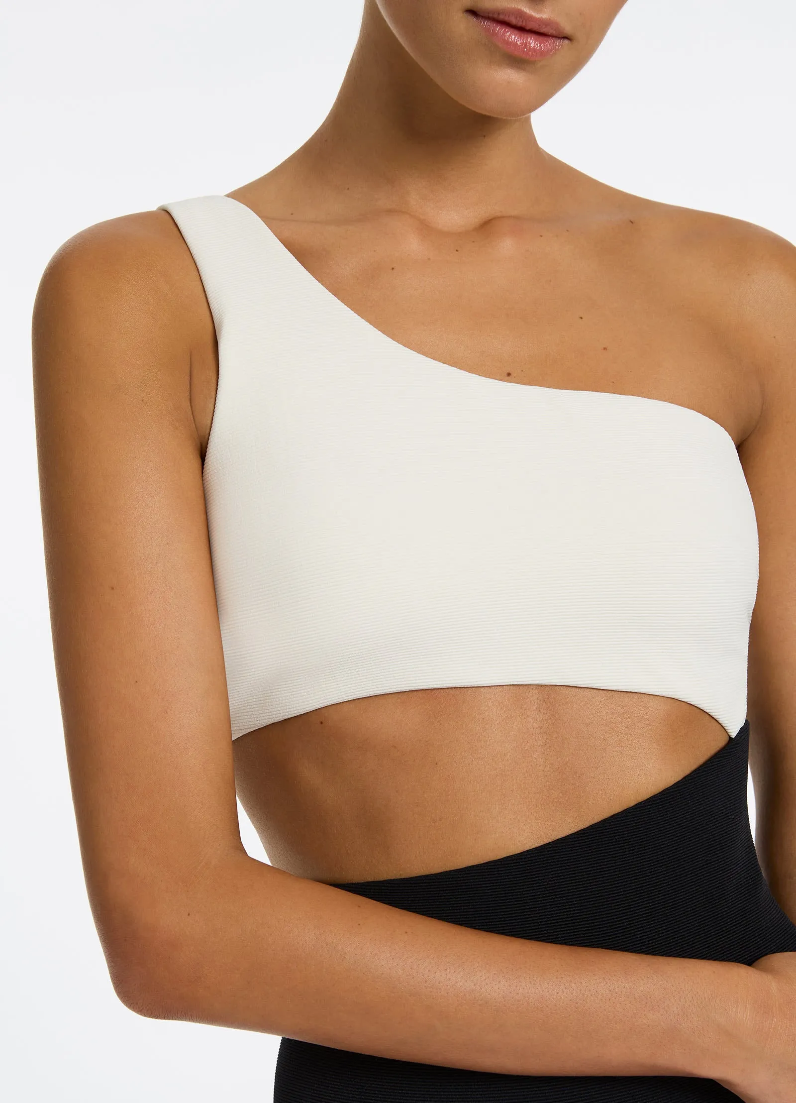 Sand Release Weave Versa Rib One Shoulder One Piece - Black/Cream