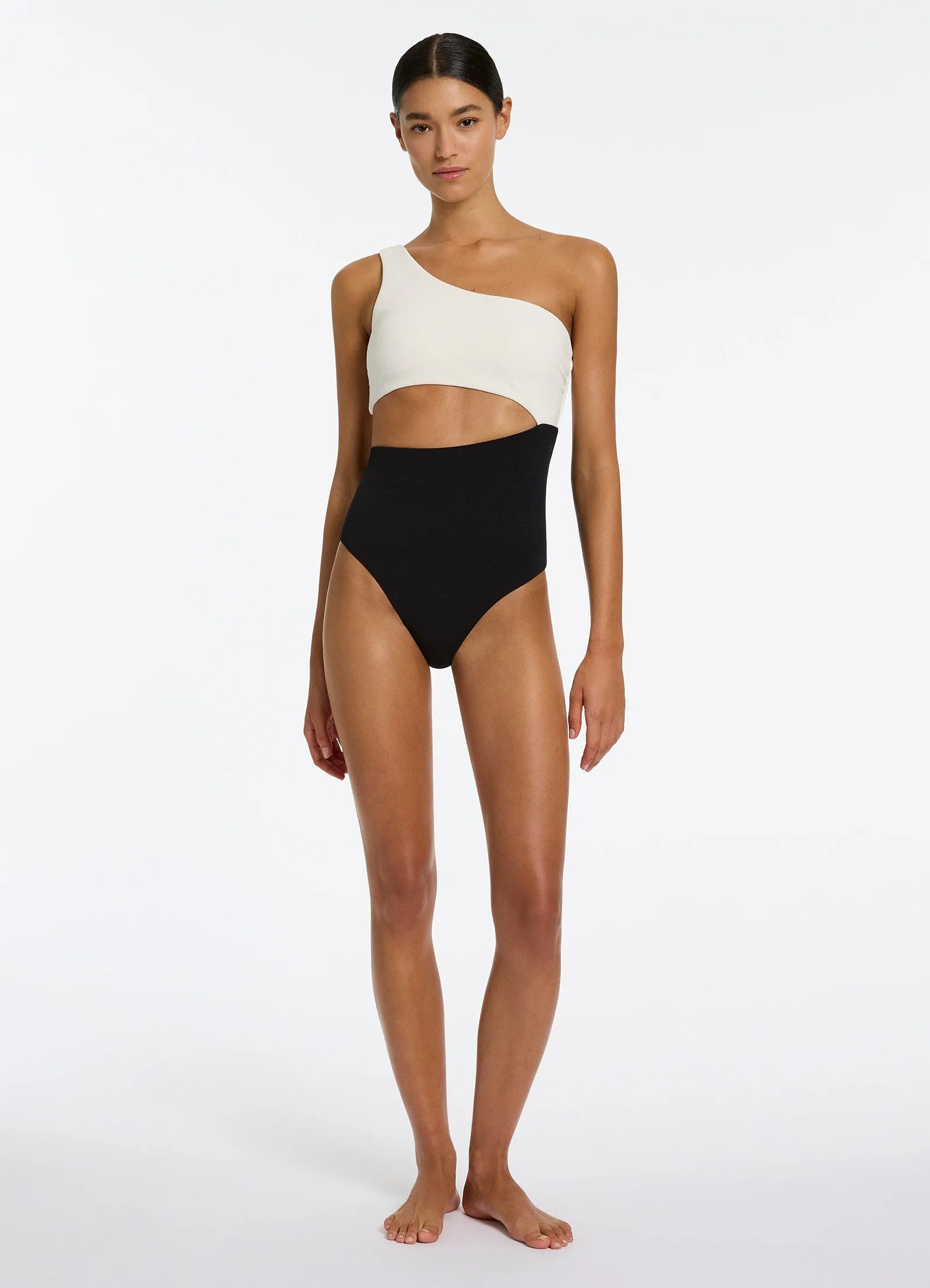 Versa Rib One Shoulder One Piece - Black/Cream color blocking