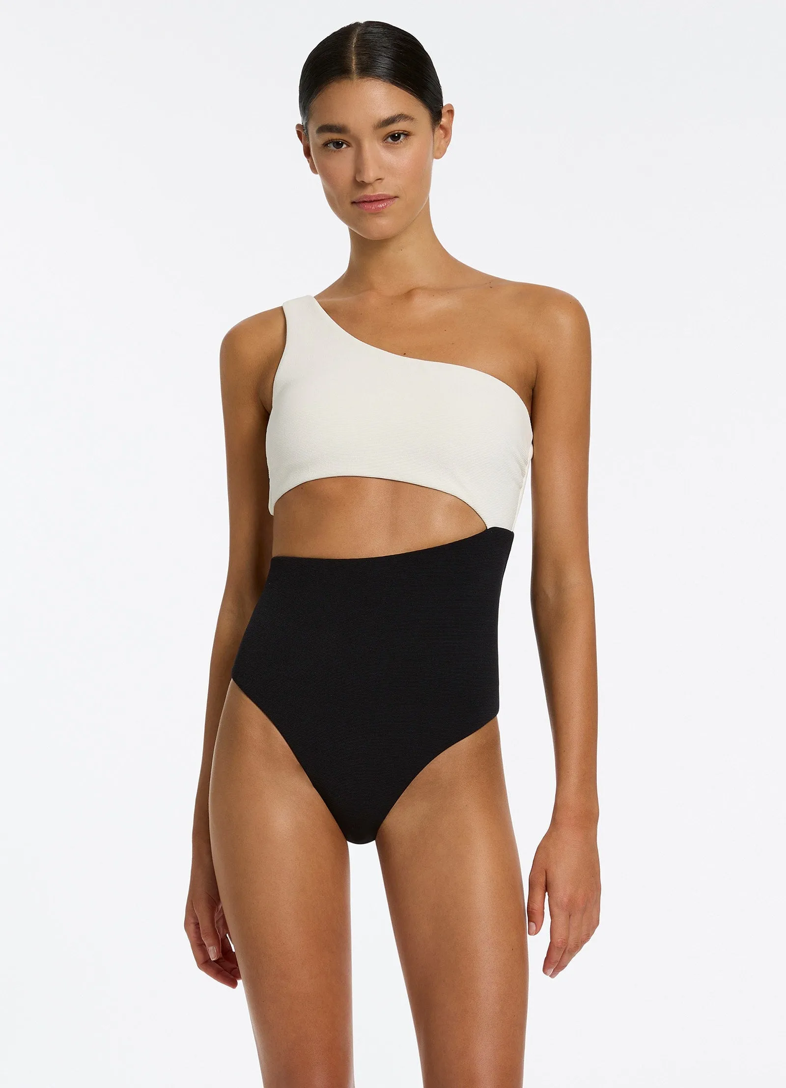 Versa Rib One Shoulder One Piece - Black/Cream Tropical Lifestyle Tropical Holiday