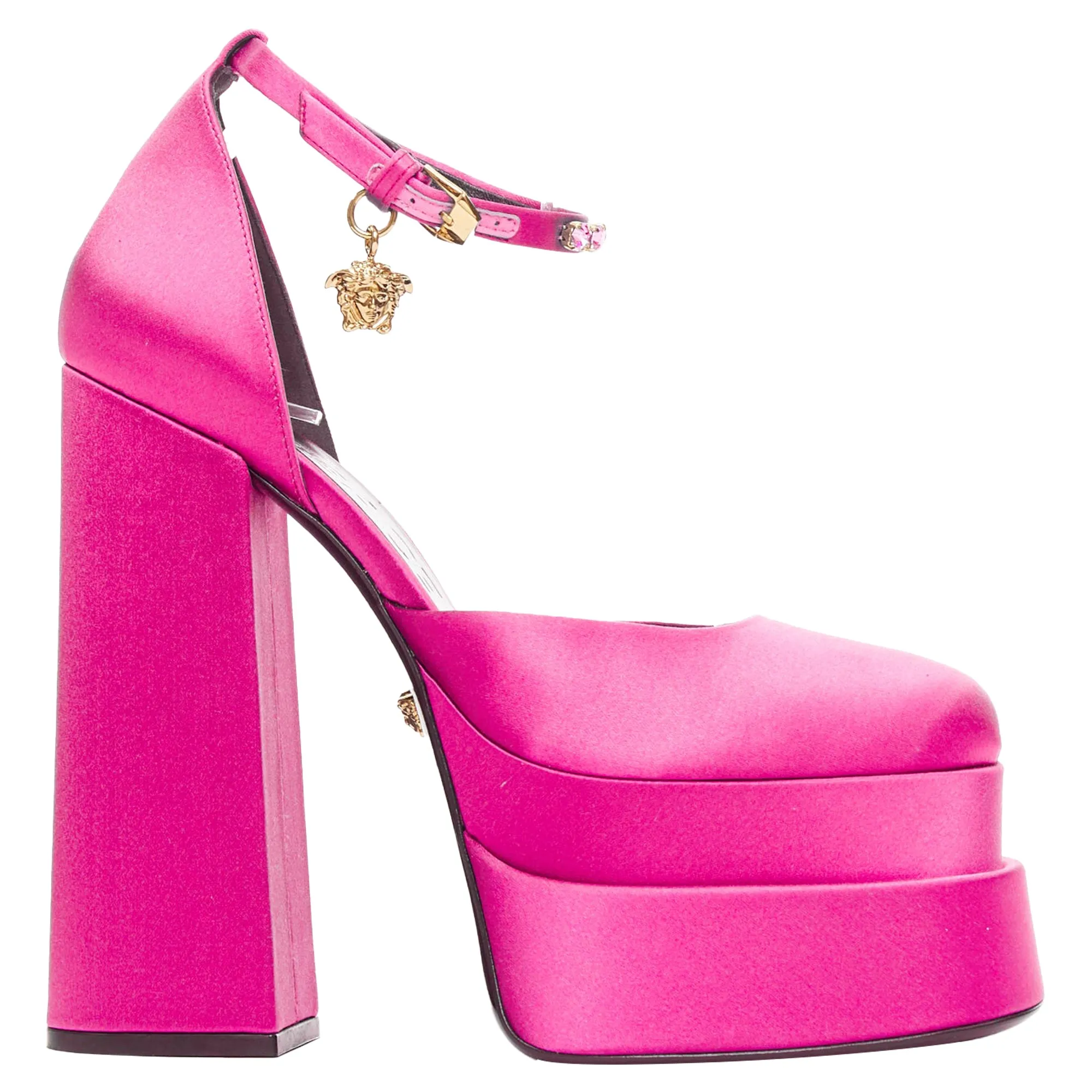 Energy return Calm Style Versace pink satin crystal Medusa platforms