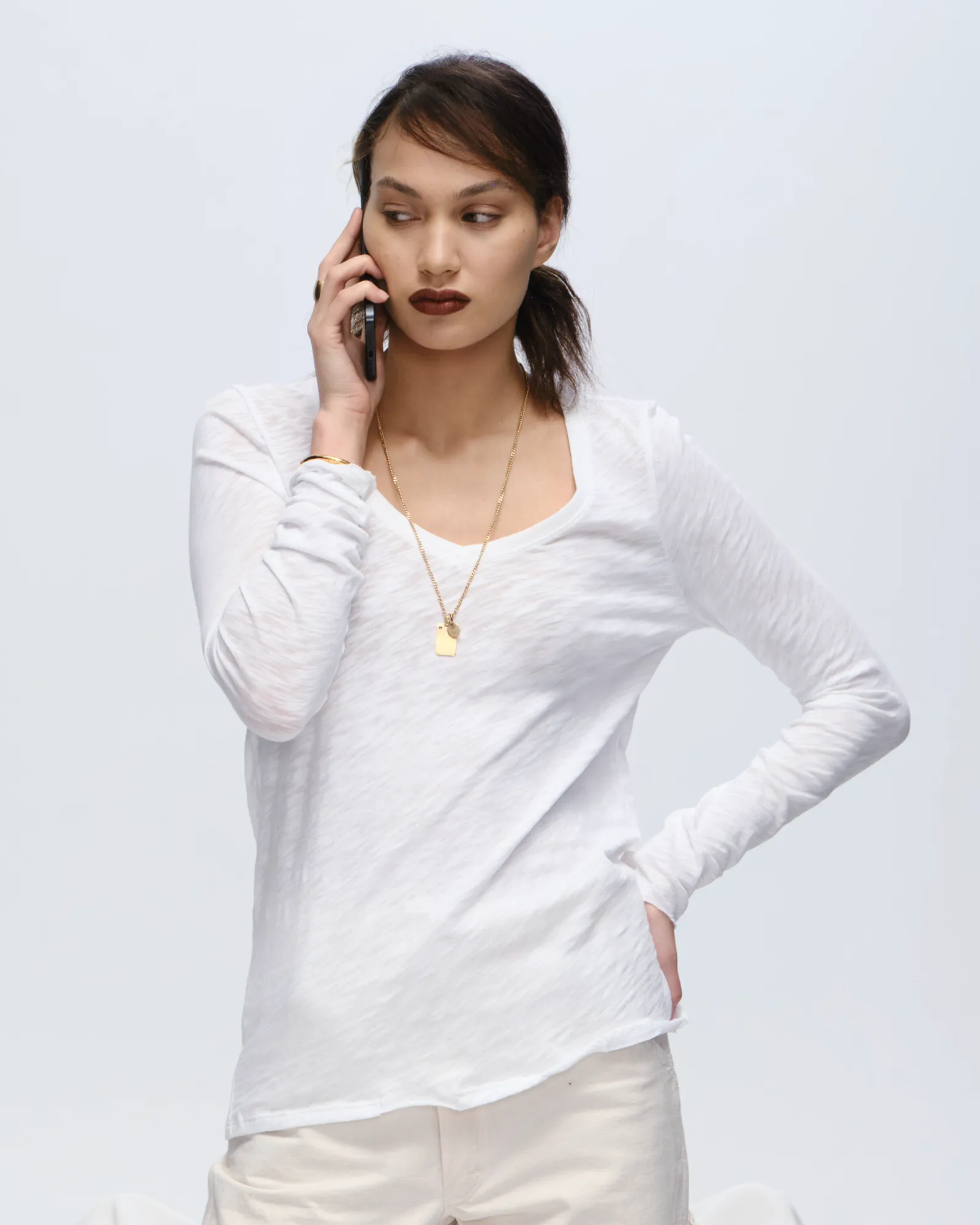 Bohemian freedom Slub Jersey Long Sleeve V-Neck Tee - White