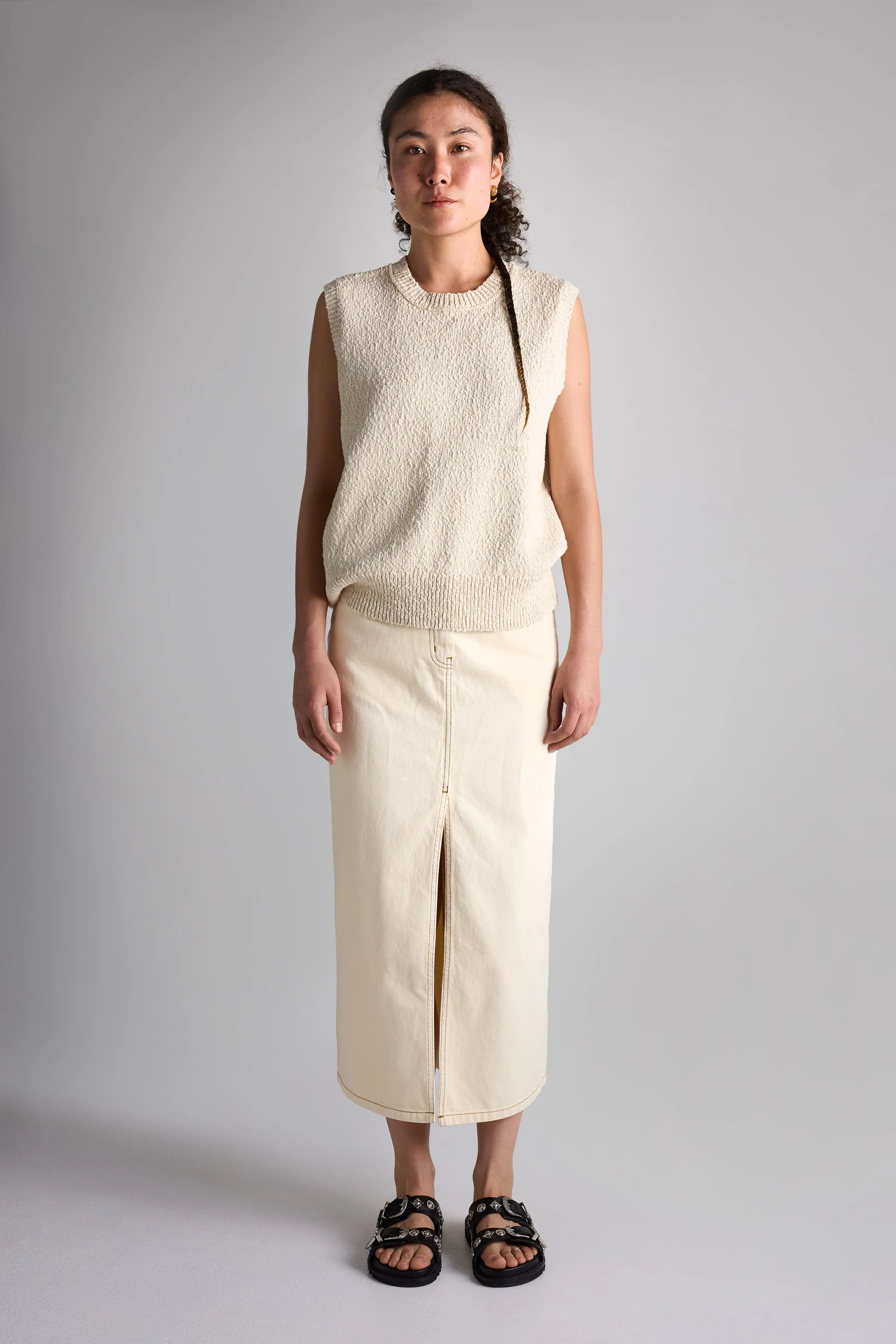 Vivendi Denim Skirt Ecru Slim Fit Band