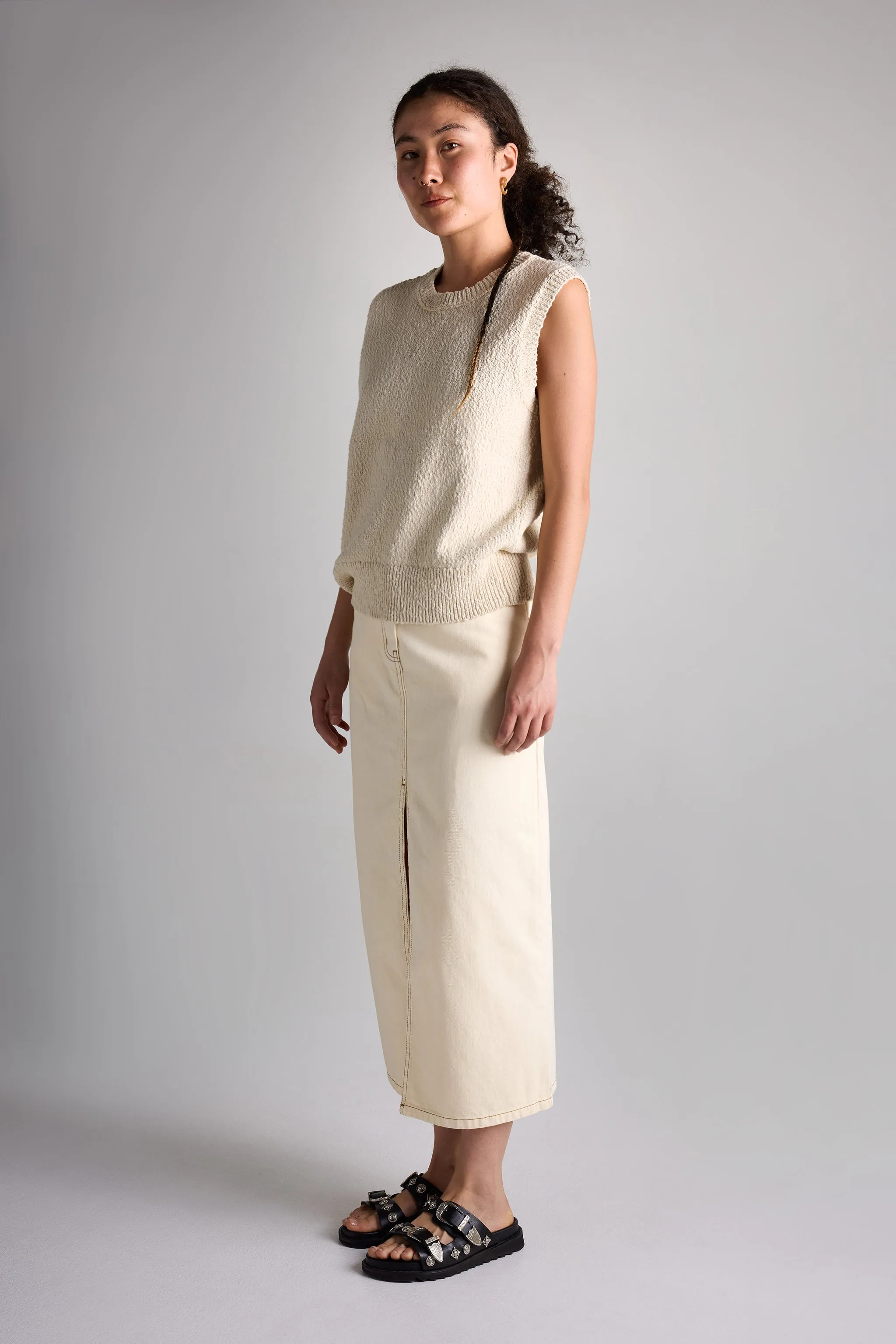 Vivendi Denim Skirt Ecru Editorial Look