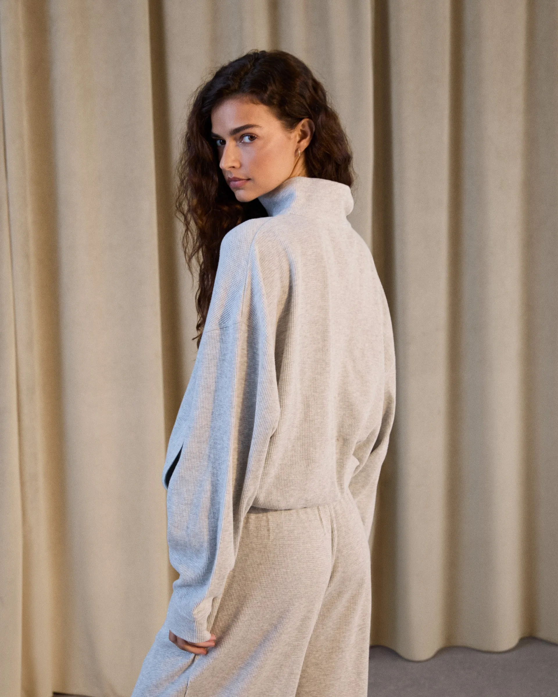 Casual Jacket Waffle Full Zip Funnel Neck Sweatshirt - Light Grey Melange