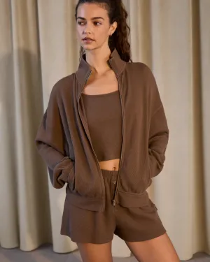 Waffle Full Zip Funnel Neck Sweatshirt - Mocha Brown Polka Dot