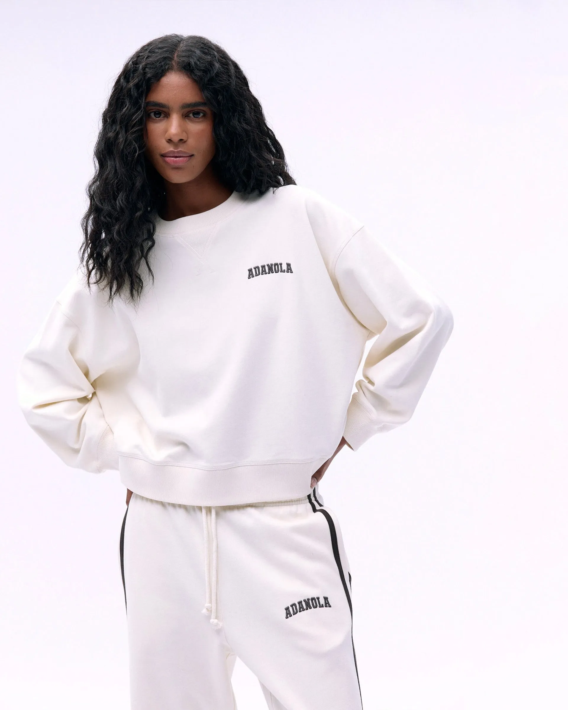 Classic Relaxed Varsity Loose Fit Sweatshirt - Marshmallow White/Coffee Bean