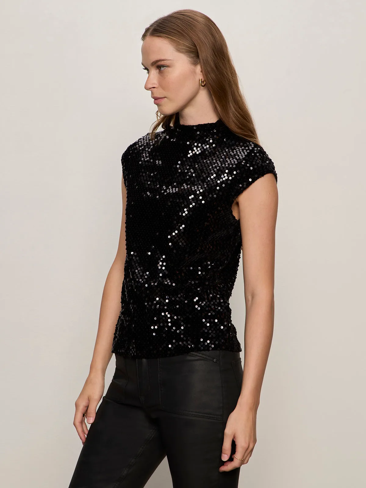 Chic Breathable Look Funnel Neck Sequin Top Black