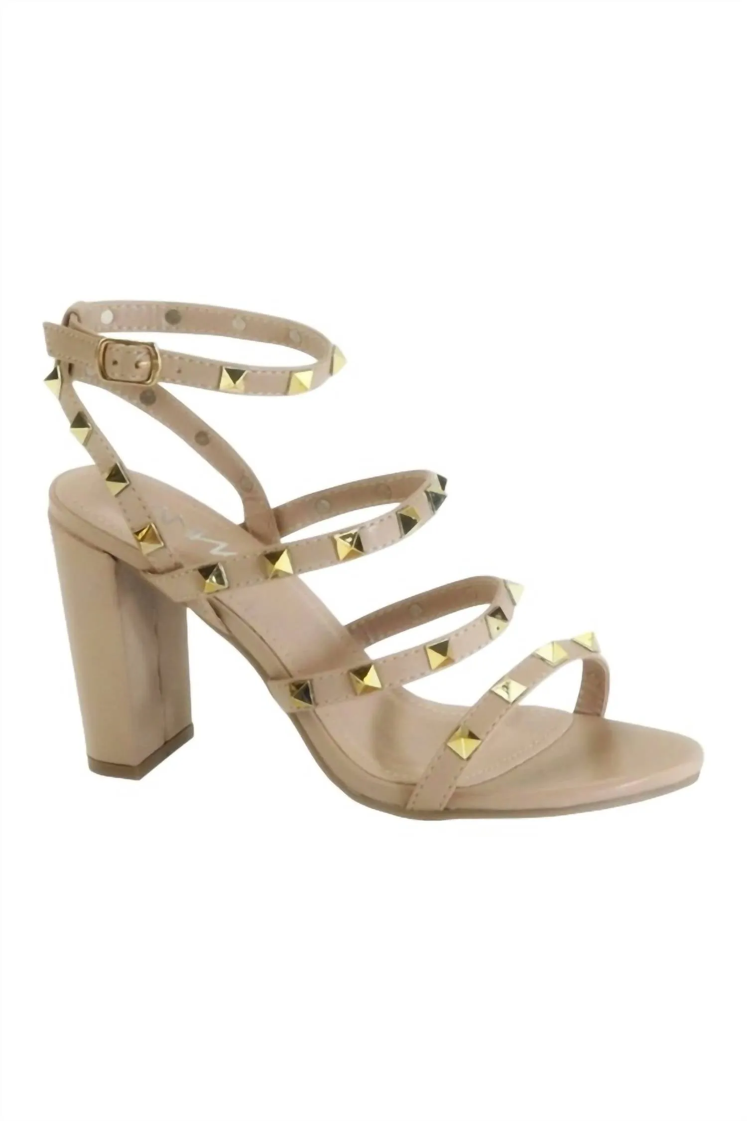 Women's Summer Studded Heel In Nude Open Heel Sandals Happy Mood