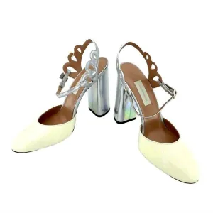 Flexible Movement Women's Vernice Lame Patent Leather Block Heel Pumps In Yellow, Silver