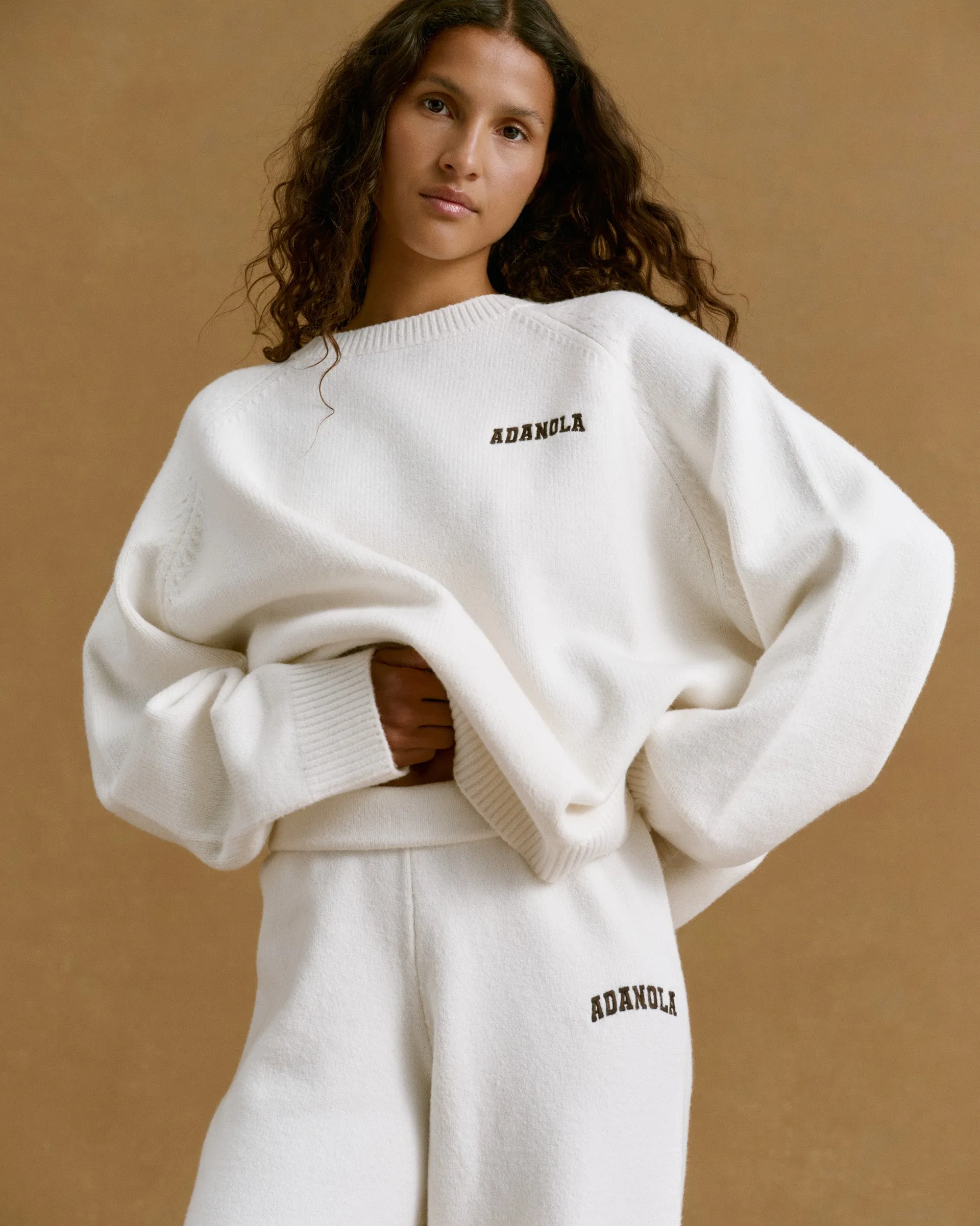 RecycledMaterial Breathable wear Varsity Knit Straight Leg Sweatpants - Cream/Coffee Bean